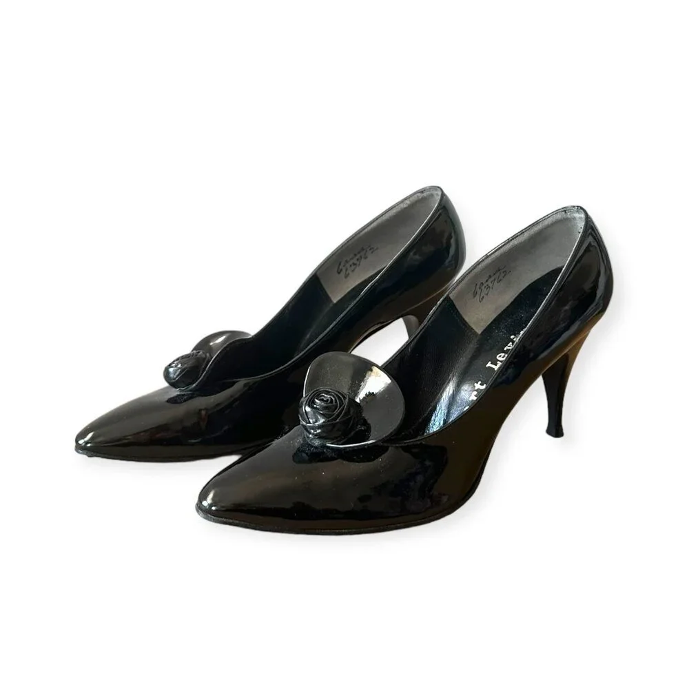 Vintage Herbert Levine Black Patent Pumps Rosette Detail 1950s -1960s Size 6 AAA
